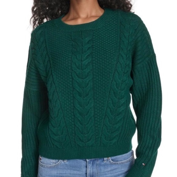 Tommy Hilfiger Sweaters - Tommy Hilfiger Green Cable Knit Crewneck Sweater chunky Cozy Preppy cute large